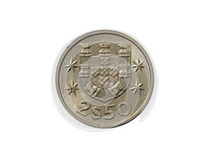 Reverse of Portugal coin 2,5 escudos minted from 1969 till 1985. Isolated in white background.