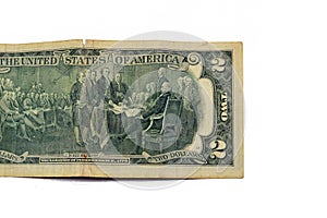 The reverse side of 2 two dollars bill banknote series 1976 with Trumbull's declaration of independence, old American money