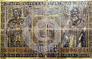 reverse side of 20 twenty German marks banknote currency issued 1918 in Berlin Germany features a Knight and allegorical woman