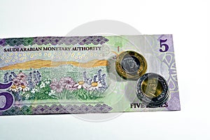 Reverse side of 5 SAR five Saudi Arabia riyals cash money banknote bill series 1438 AH features a field of flowers with 1 and 2