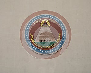 The reverse side of the Great Seal of the United States on the outside front of the Tower Building in Fair Park in Dallas, Texas.