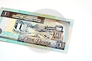 Reverse side of an old 1 KWD one Kuwaiti dinar banknote cash money features Vignette of Mina Al-Shuwaikh