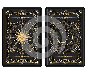 The reverse side of a tarot cards batch, pattern with mystic sun and moon, esoteric symbols of half-moon and astrology photo