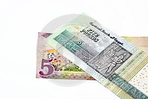 Reverse sides of Saudi Arabia 5 five riyals banknote with 5 LE five Egyptian pounds bill isolated on a white background