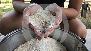 Reverse slow motion sprinkling rice. No Sound.