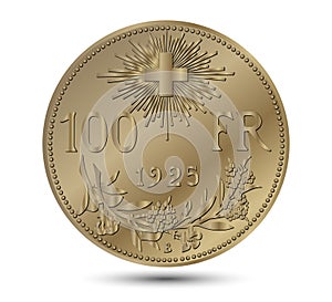 Reverse of Switzerland 1925 hundred francs gold coin, isolated on a white background.
