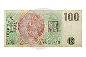 Reverse view of a Czech Republic 100 Koruna banknote