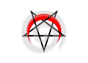 Reversed or Inverted Pentagram with upside down crescent red moon vector symbol isolated. Satanic Inverted Endless Pentagram icon