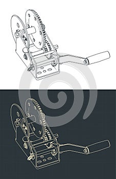 Reversible hand winch isometric drawings illustrations