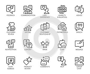 Review 20 line icons isolated. Comments or message chat bubbles, usability evaluation, communication, rating signs