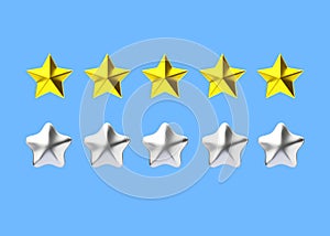 Review 3d render icon - five star customer positive rate, award experience service illustration