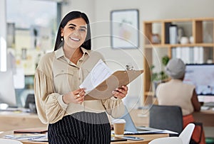 Review, contract and report with a business woman holding a clipboard with paperwork in her office at work. Application