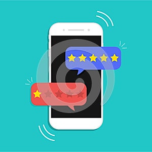 Review from customer. Online star rate. Feedback in social from mobile. Satisfaction of client from service in smartphone. Bad or