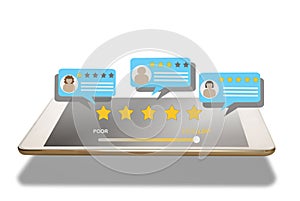 Review rating bubble speeches on computer tablet on white background