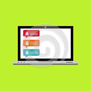 Review rating bubble speeches on laptop illustration, flat style laptop reviews stars with good and bad rate and text, conc