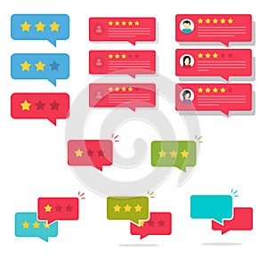 Review rating bubble speeches set vector illustration, flat cartoon reviews stars with good and bad rate, concept of