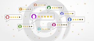 Review rating concept with bubble speeches and user profiles on white background with stars. Product social media marketing.