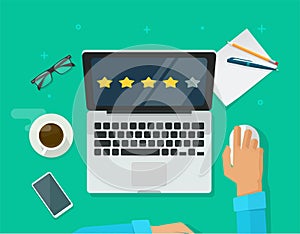 Review rating testimonials online on laptop computer workplace, customer evaluate testimony feedback experience concept