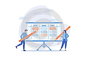 Review work progress on kanban board, todo list, in progress task and finished one, project management or planning for production