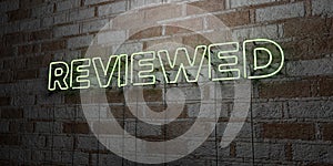 REVIEWED - Glowing Neon Sign on stonework wall - 3D rendered royalty free stock illustration