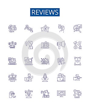 Reviews line icons signs set. Design collection of Reviews, Comment, Feedback, Analysis, Evaluate, Judge, Perception photo