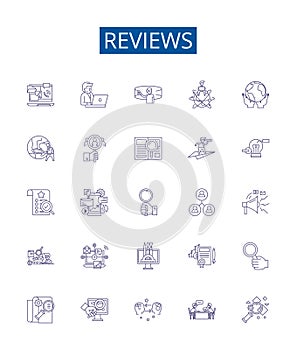 Reviews line icons signs set. Design collection of Reviews, Comment, Feedback, Analysis, Evaluate, Judge, Perception