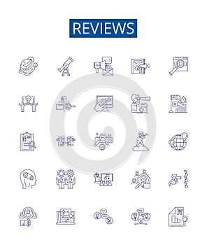 Reviews line icons signs set. Design collection of Reviews, Comment, Feedback, Analysis, Evaluate, Judge, Perception