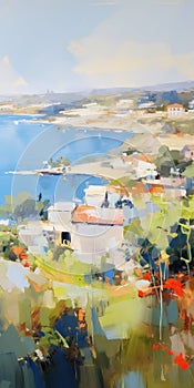 Idyllic Fishing Village Painting By Jirs: Expressive Landscapes In Orange And Blue photo