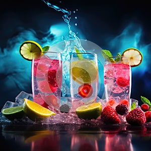 Revitalize: Dynamic Hydration Mixing in Neon Backlight, Vibrant Blur, Textured Surfaces, Sporty Bottles, Fruit Infusions, Fitness