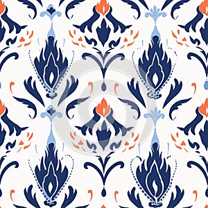 Revived Folk Art: Blue And Orange Floral Pattern On White And Navy Background