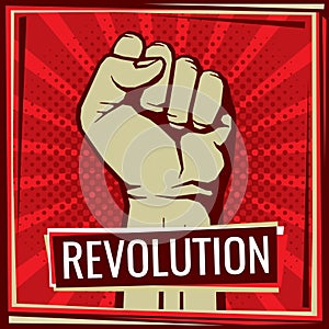 Revolution fight vector poster with worker hand fist raised