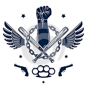 Revolution and Riot aggressive emblem or logo with strong clenched fist, weapons and different design elements , vector tattoo,