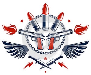 Revolution and War vector emblem with bullets and guns, logo or tattoo with lots of different design elements, riot partisan