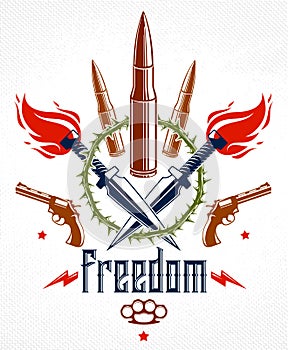 Revolution and War vector emblem with bullets and guns, logo or tattoo with lots of different design elements, riot partisan