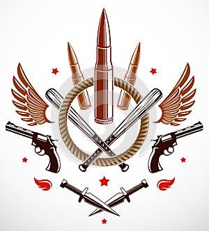Revolution and War vector emblem with bullets and guns, logo or tattoo with lots of different design elements, riot partisan