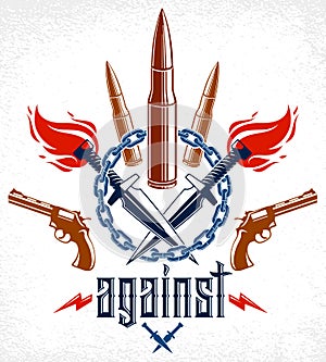 Revolution and War vector emblem with bullets and guns, logo or tattoo with lots of different design elements, riot partisan