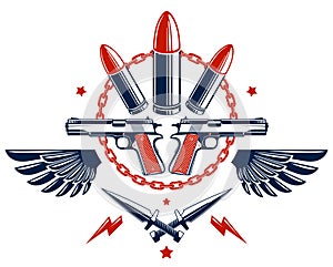 Revolution and War vector emblem with bullets and guns, logo or tattoo with lots of different design elements, riot partisan