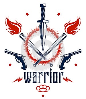 Revolution and War vector emblem with dagger knife and other weapons , tattoo with lots of design elements, riot partisan warrior