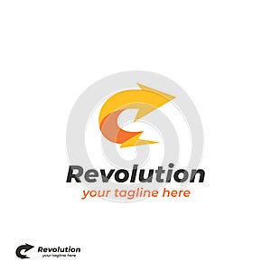 Revolution yellow lightning bolt with curved right arrow logo icon simple symbol