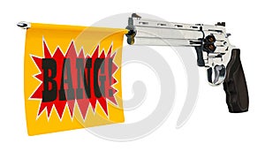 Revolver with a bang flag. 3D rendering photo
