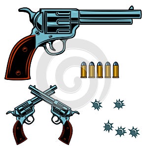 Revolver colorful illustration. Gun bullets and holes. Design element for poster, emblem, sign, banner.