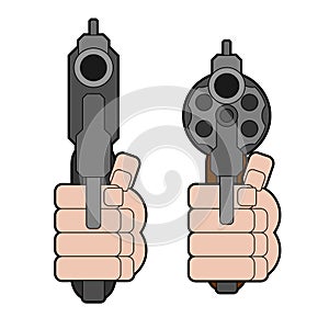 Revolver gun front view. Gun in fist isolated. Vector illustration