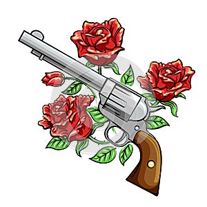 Revolver with Rose Flowers drawn in vintage style