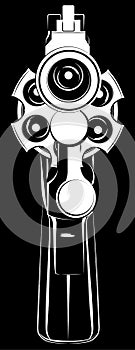 Revolver white vector icon isolated on black background. Pistol silhouette front view as gun symbol vector illustration.