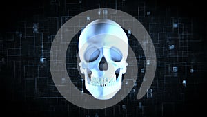 Revolving blue skull on moving digtial background