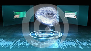 Revolving brain graphic with interface with surgery clips