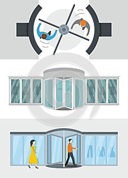 Revolving door banner concept set, flat style