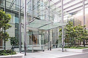 Revolving glass doors in a modern office building
