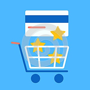 Reward color icon for purchases from a credit card in stores. Star bonuses are poured from the bank card into the