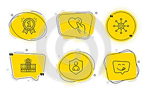 Reward, Hospital building and Hold heart icons set. Security, Multichannel and Yummy smile signs. Vector